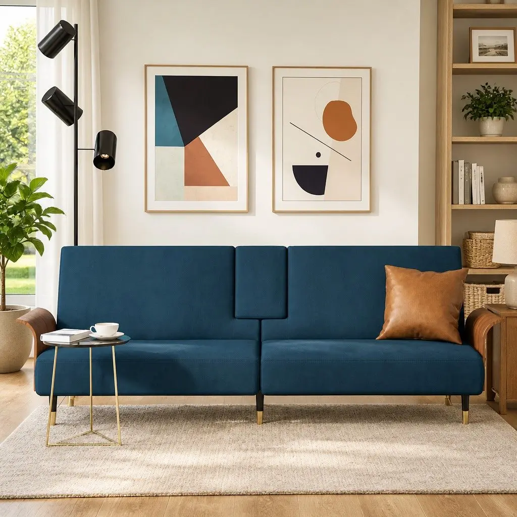 Sofa Bed Blue Velvet Adjustable Backrest Foldable Tea Table with Cup Holders and USB Ports