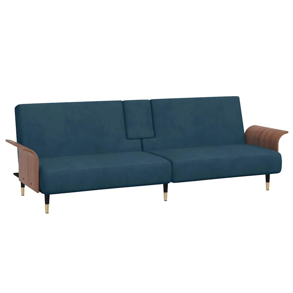 Sofa Bed Blue Velvet Adjustable Backrest Foldable Tea Table with Cup Holders and USB Ports