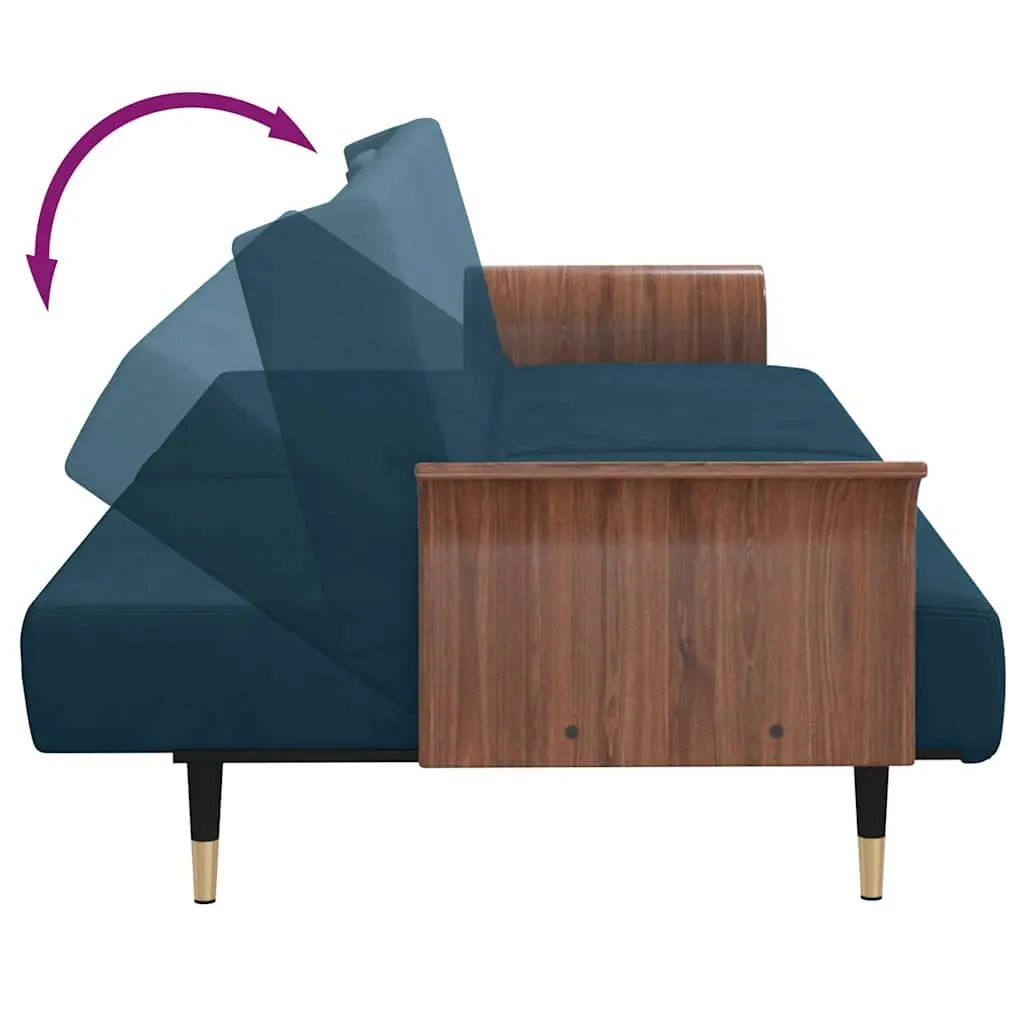 Sofa Bed Blue Velvet Adjustable Backrest Foldable Tea Table with Cup Holders and USB Ports