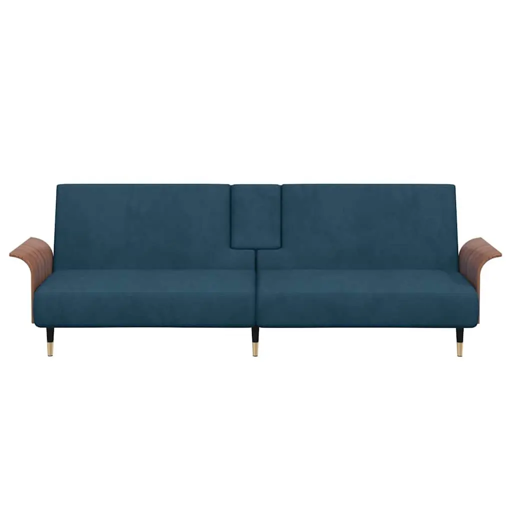 Sofa Bed Blue Velvet Adjustable Backrest Foldable Tea Table with Cup Holders and USB Ports
