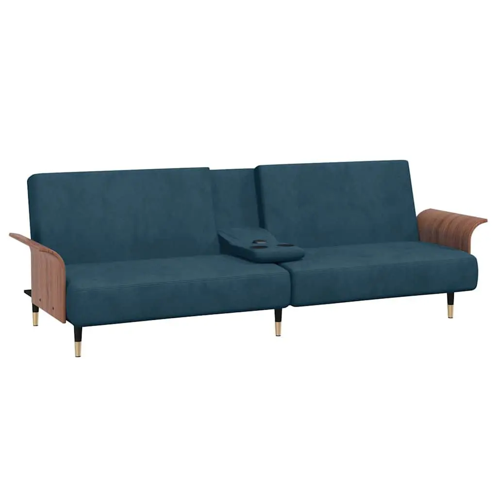 Sofa Bed Blue Velvet Adjustable Backrest Foldable Tea Table with Cup Holders and USB Ports