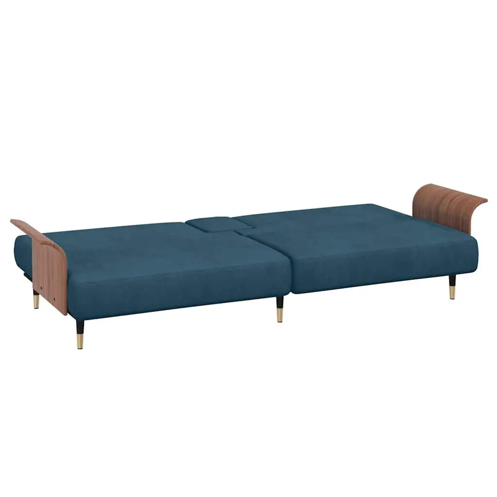 Sofa Bed Blue Velvet Adjustable Backrest Foldable Tea Table with Cup Holders and USB Ports