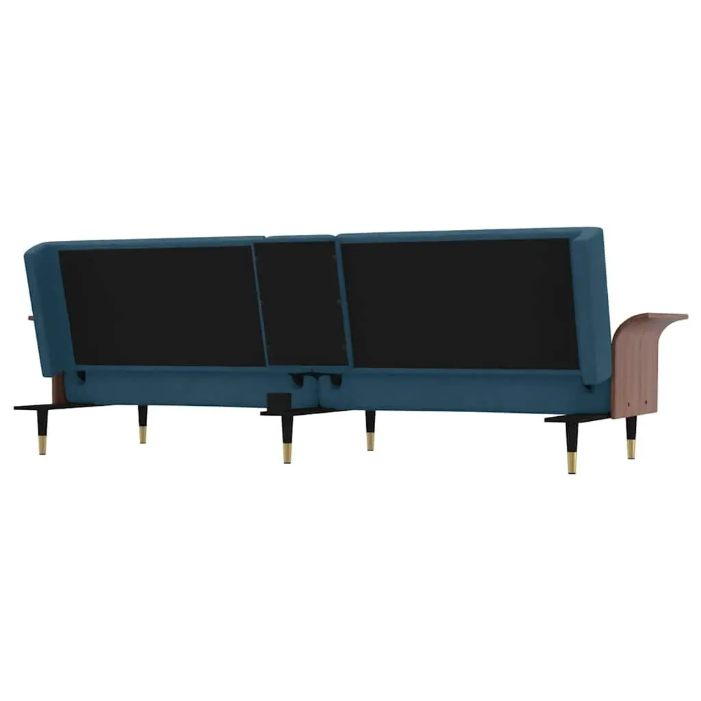 Sofa Bed Blue Velvet Adjustable Backrest Foldable Tea Table with Cup Holders and USB Ports