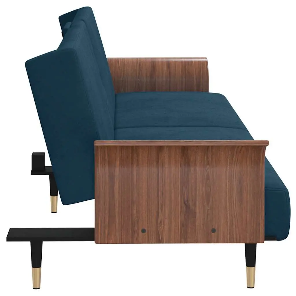 Sofa Bed Blue Velvet Adjustable Backrest Foldable Tea Table with Cup Holders and USB Ports