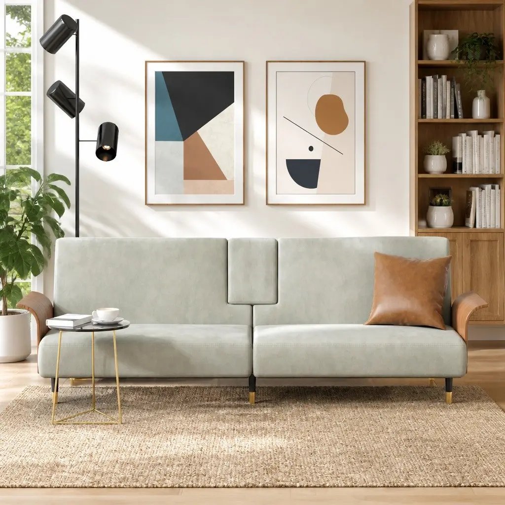 Grey Velvet Sofa Bed with Adjustable Backrest and Foldable Table