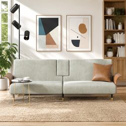 Grey Velvet Sofa Bed with Adjustable Backrest and Foldable Table
