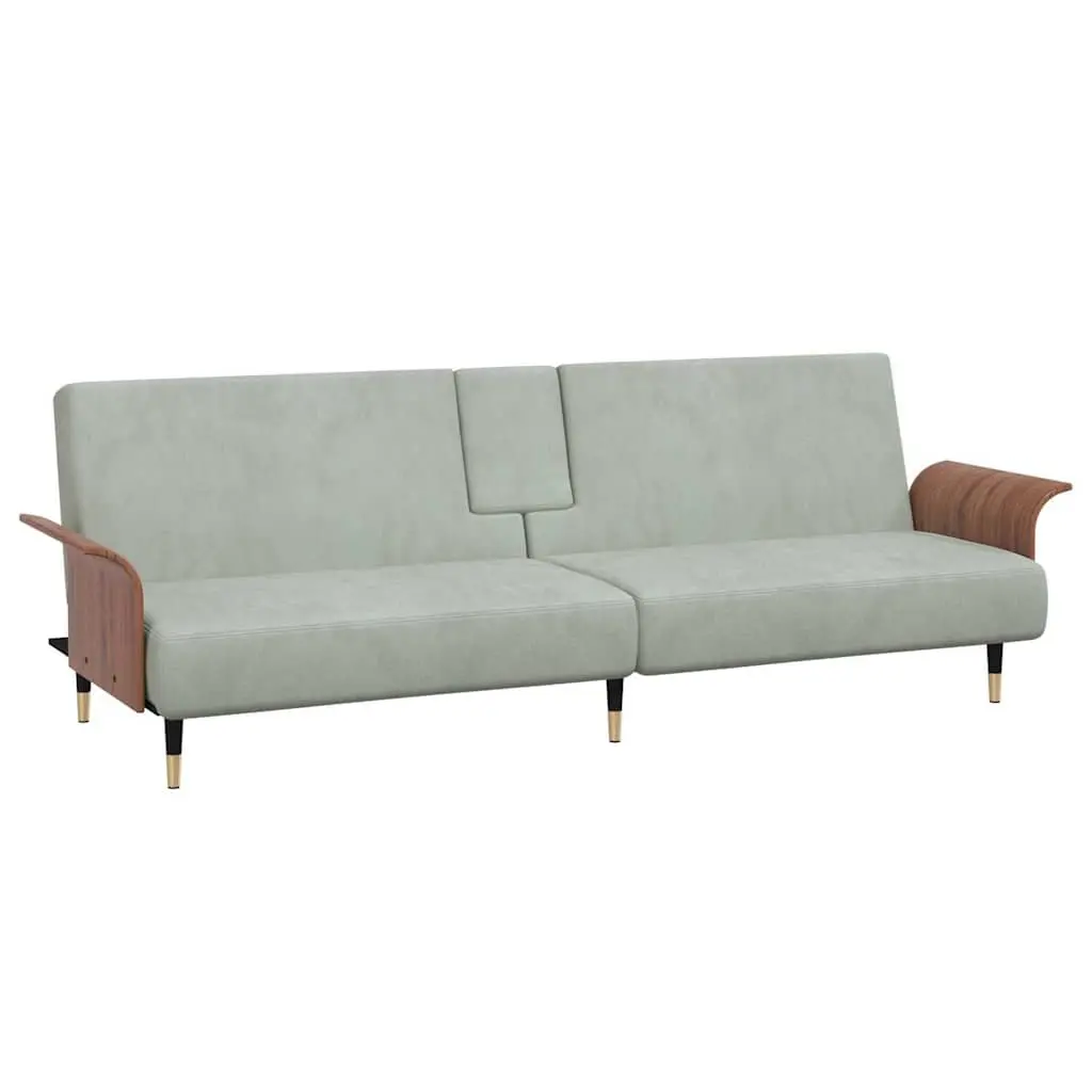 Grey Velvet Sofa Bed with Adjustable Backrest and Foldable Table
