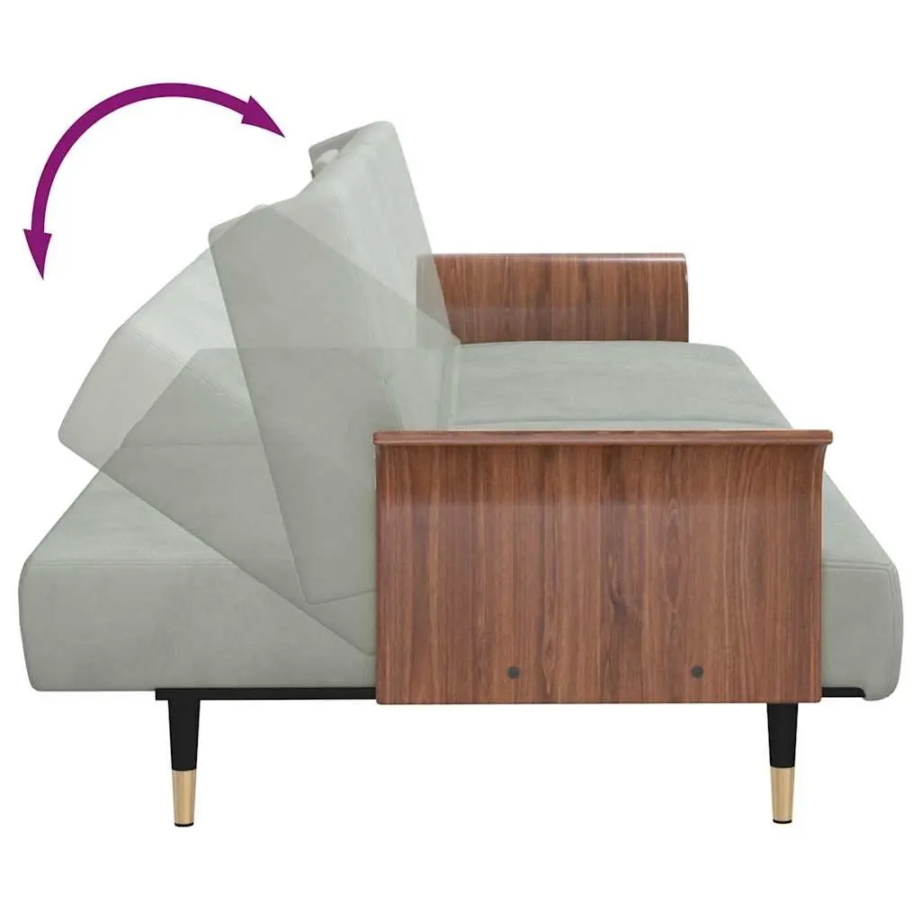 Grey Velvet Sofa Bed with Adjustable Backrest and Foldable Table