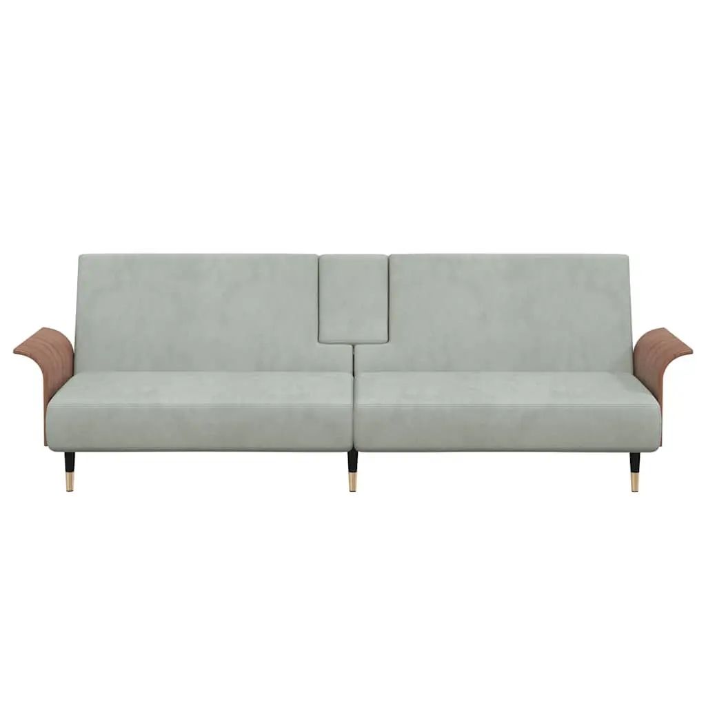 Grey Velvet Sofa Bed with Adjustable Backrest and Foldable Table