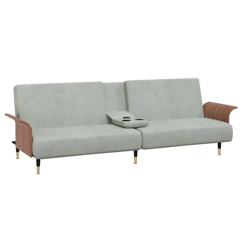 Grey Velvet Sofa Bed with Adjustable Backrest and Foldable Table