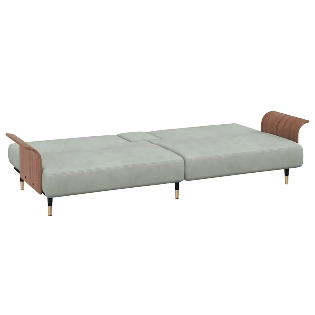Grey Velvet Sofa Bed with Adjustable Backrest and Foldable Table