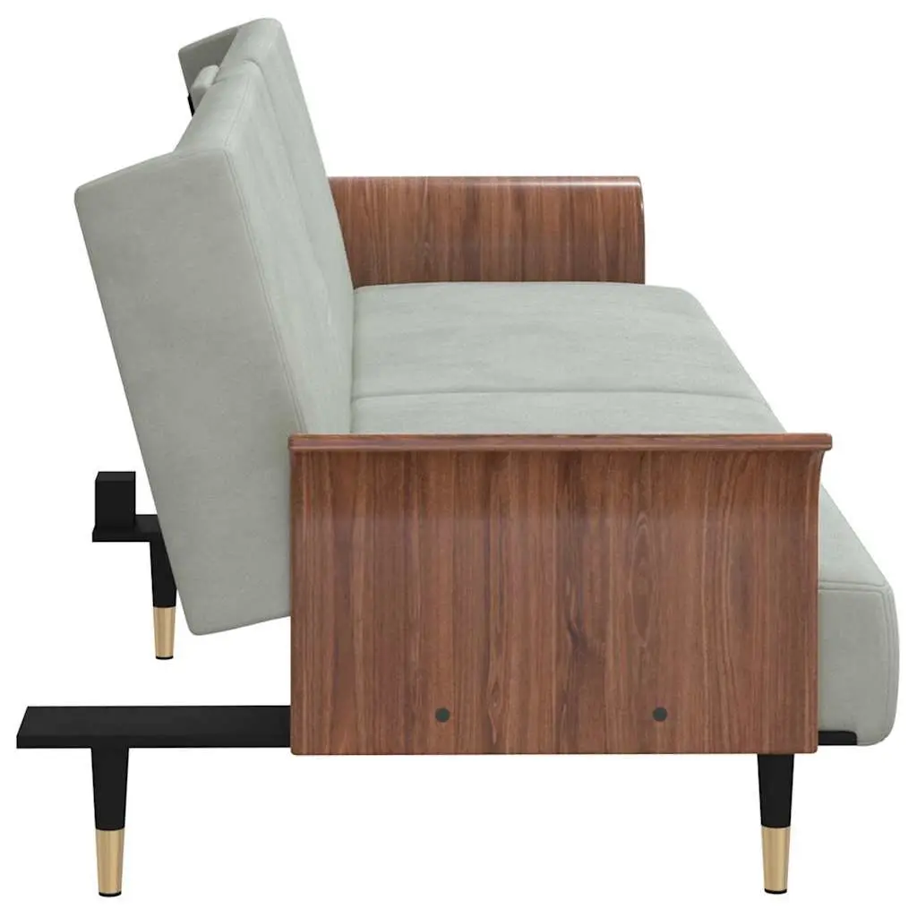 Grey Velvet Sofa Bed with Adjustable Backrest and Foldable Table