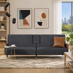 Grey Velvet Sofa Bed with Cup Holders and Adjustable Backrest