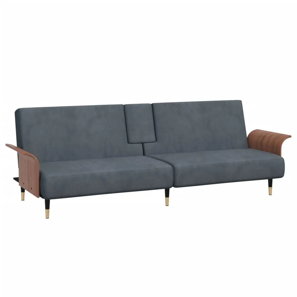 Grey Velvet Sofa Bed with Cup Holders and Adjustable Backrest