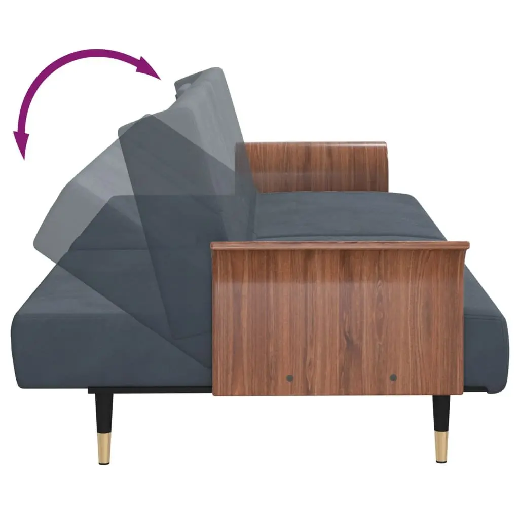 Grey Velvet Sofa Bed with Cup Holders and Adjustable Backrest