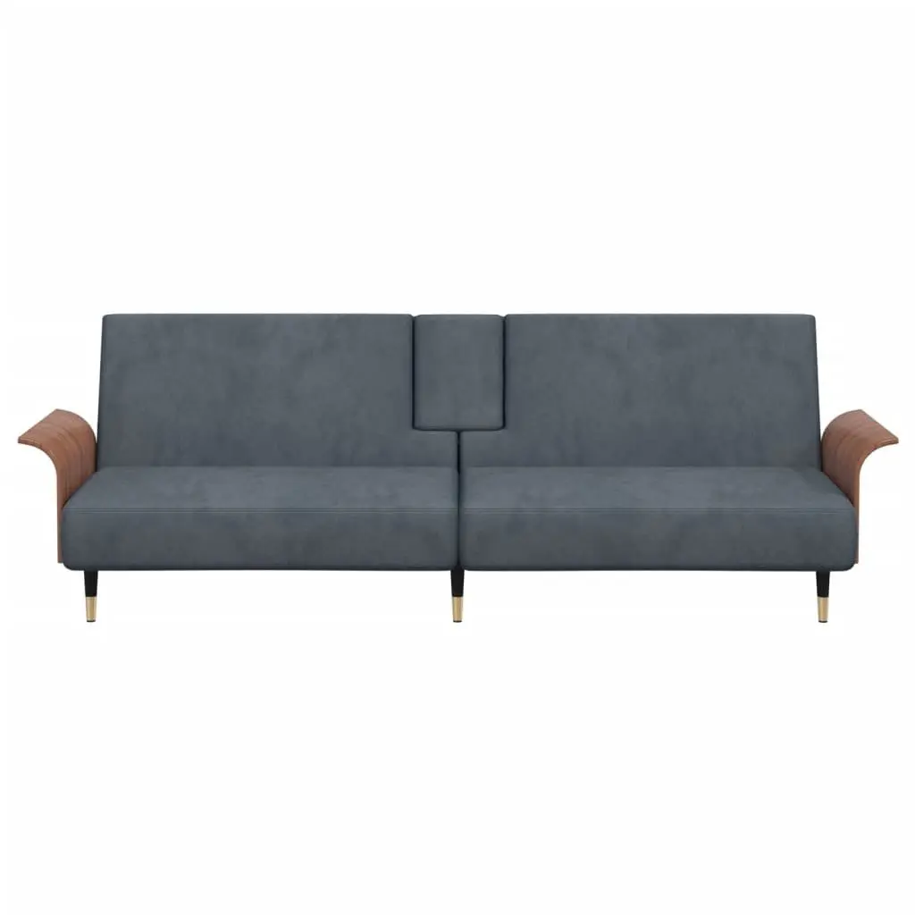 Grey Velvet Sofa Bed with Cup Holders and Adjustable Backrest