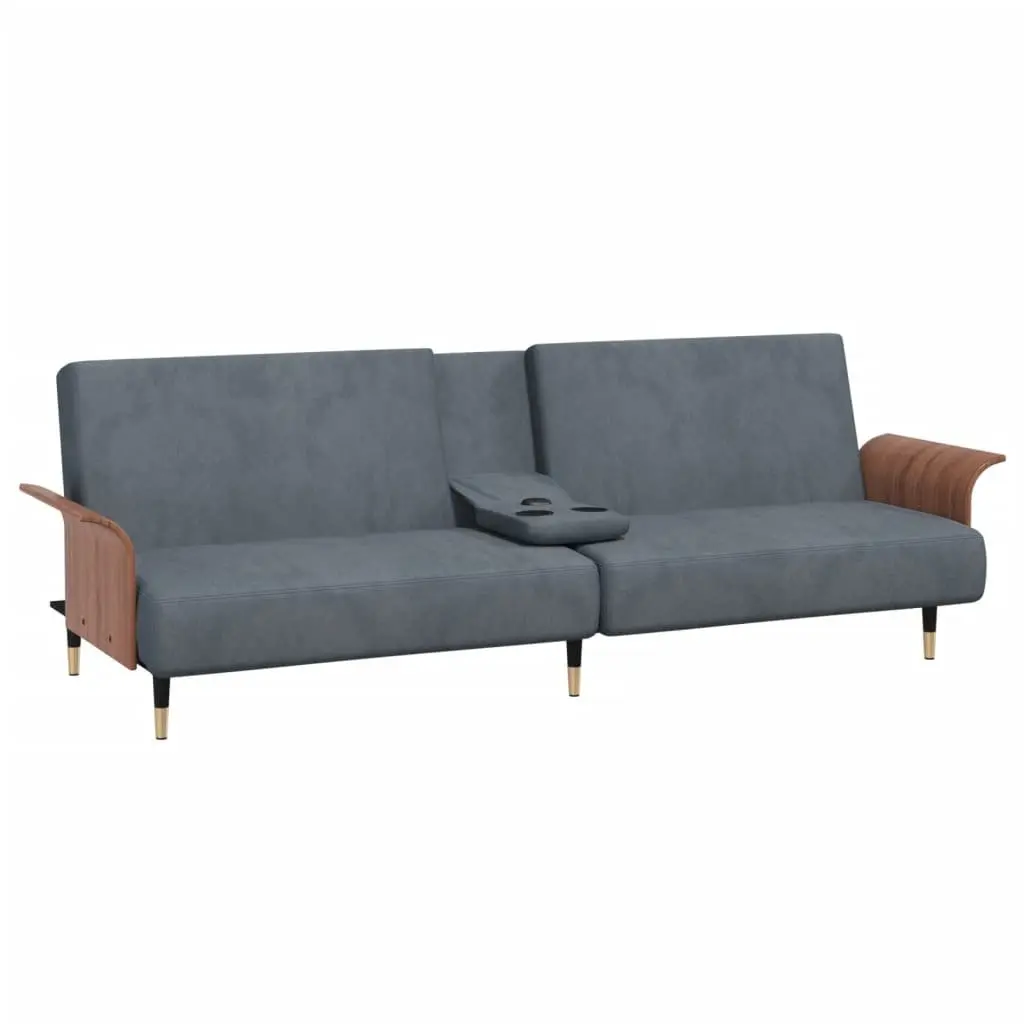 Grey Velvet Sofa Bed with Cup Holders and Adjustable Backrest