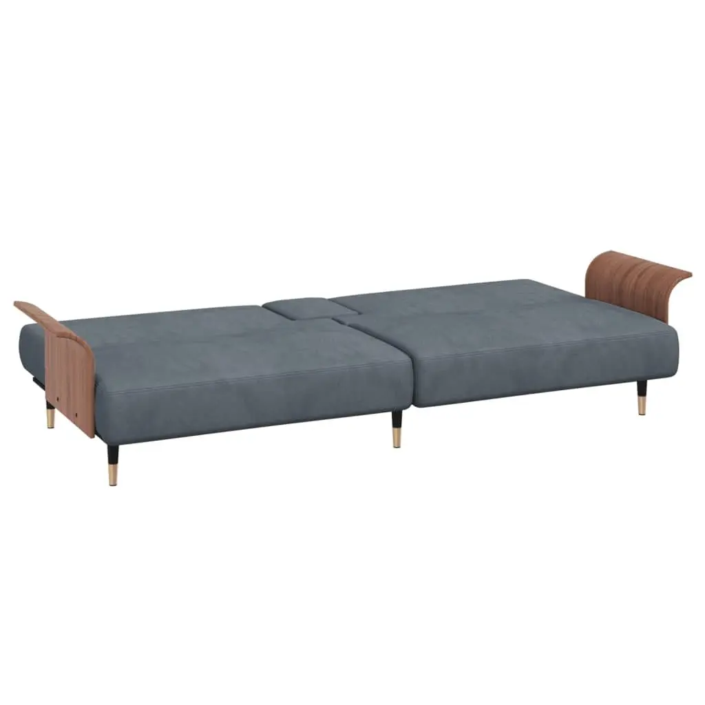 Grey Velvet Sofa Bed with Cup Holders and Adjustable Backrest