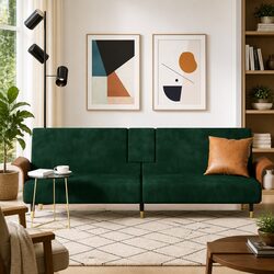 Green Velvet Sofa Bed with Adjustable Backrest and USB