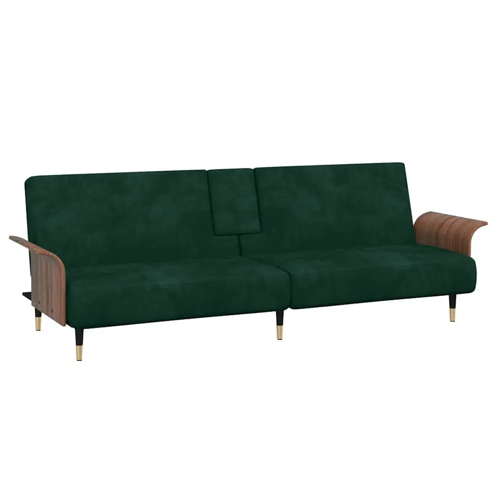 Sofa Bed Green Velvet Adjustable Backrest Foldable Tea Table with Cup Holders USB