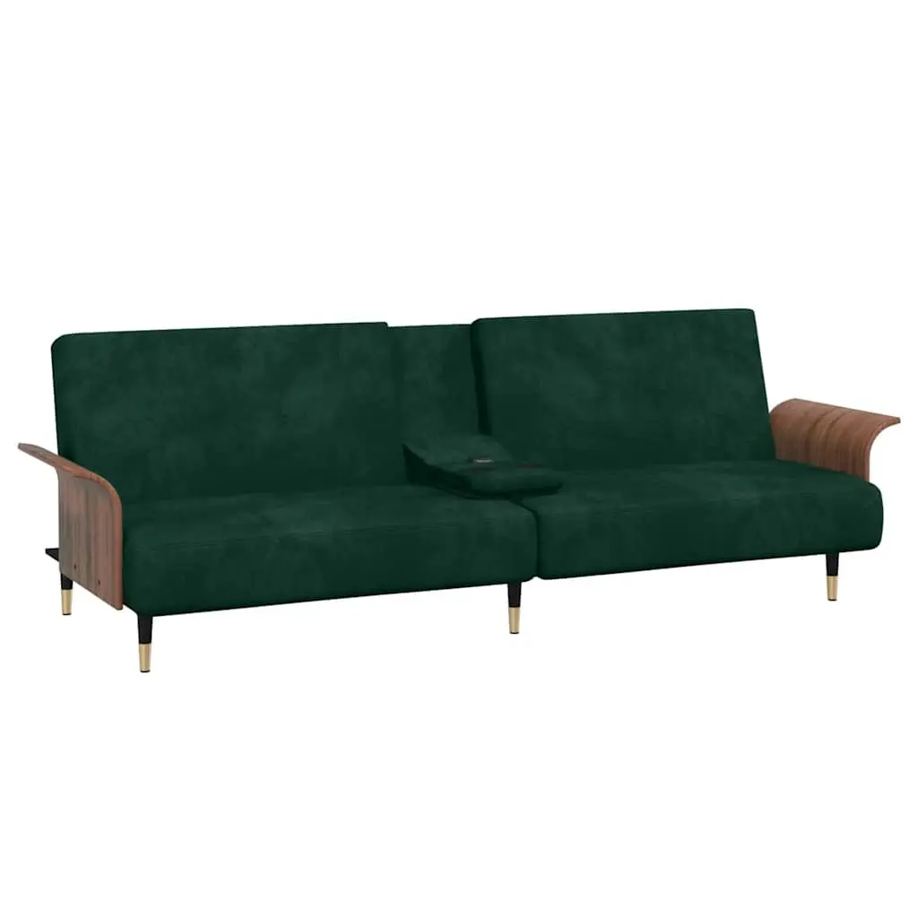 Sofa Bed Green Velvet Adjustable Backrest Foldable Tea Table with Cup Holders USB