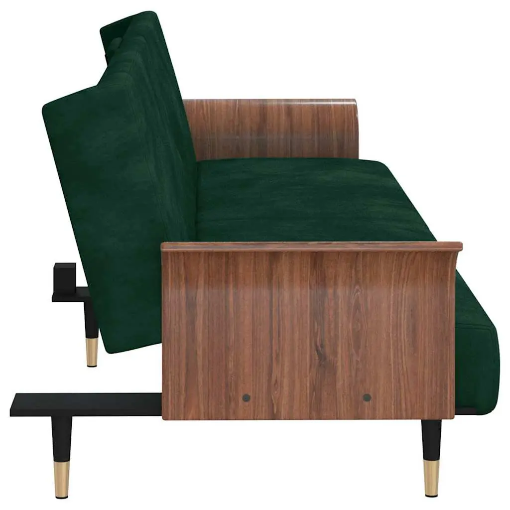 Sofa Bed Green Velvet Adjustable Backrest Foldable Tea Table with Cup Holders USB