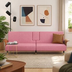 Pink Velvet Sofa Bed with Foldable Tea Table