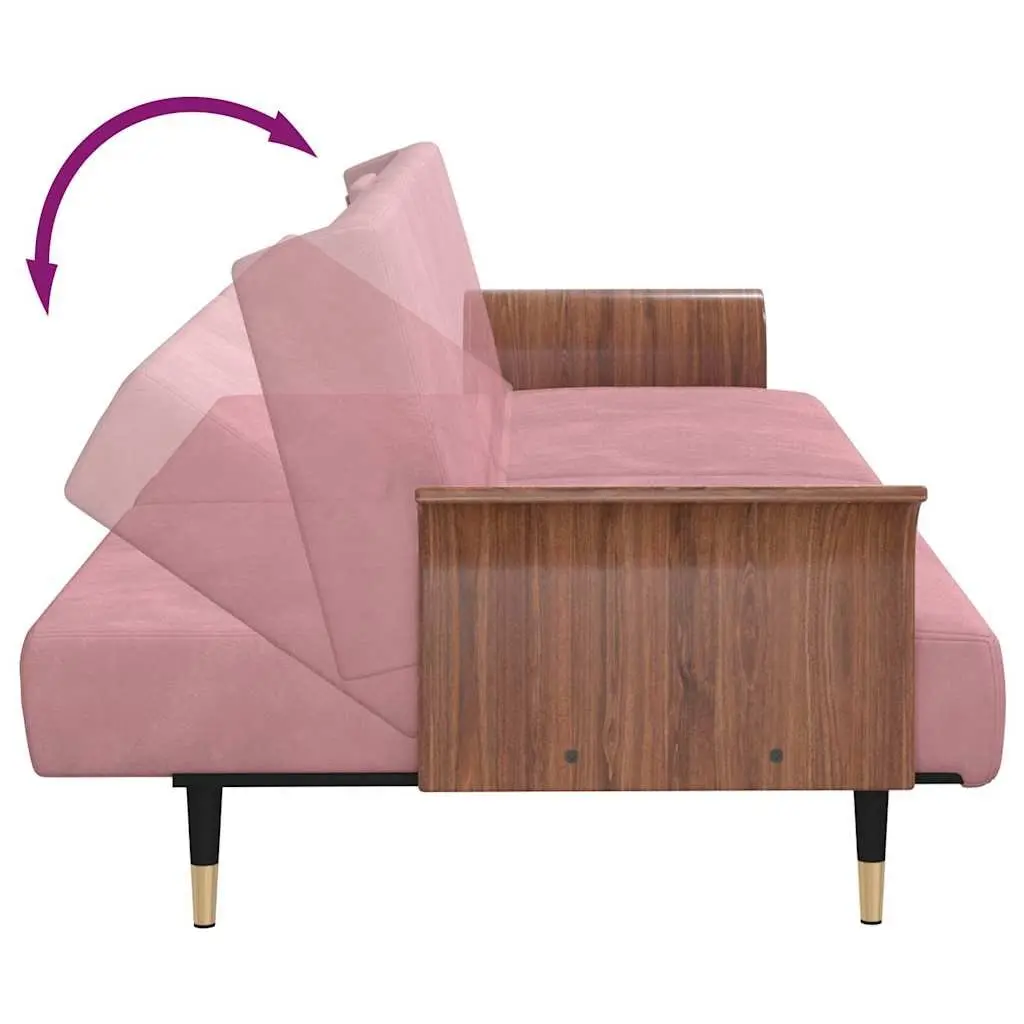 Sofa Bed Velvet Pink Foldable Tea Table Adjustable Backrest with Cup Holders