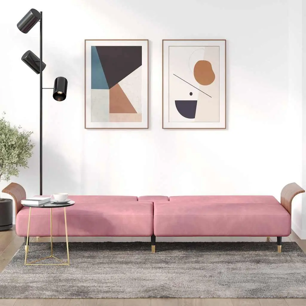 Sofa Bed Velvet Pink Foldable Tea Table Adjustable Backrest with Cup Holders