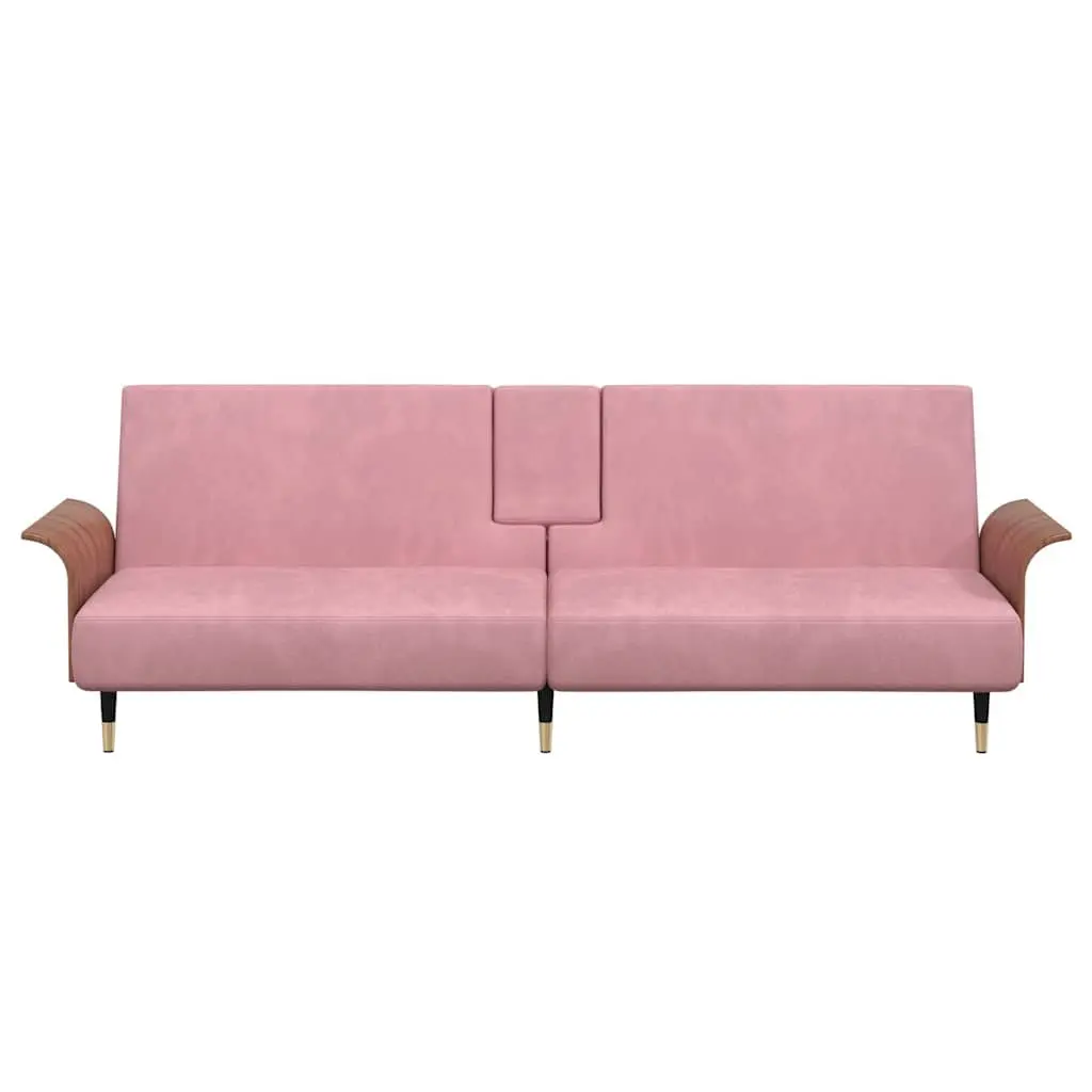 Sofa Bed Velvet Pink Foldable Tea Table Adjustable Backrest with Cup Holders