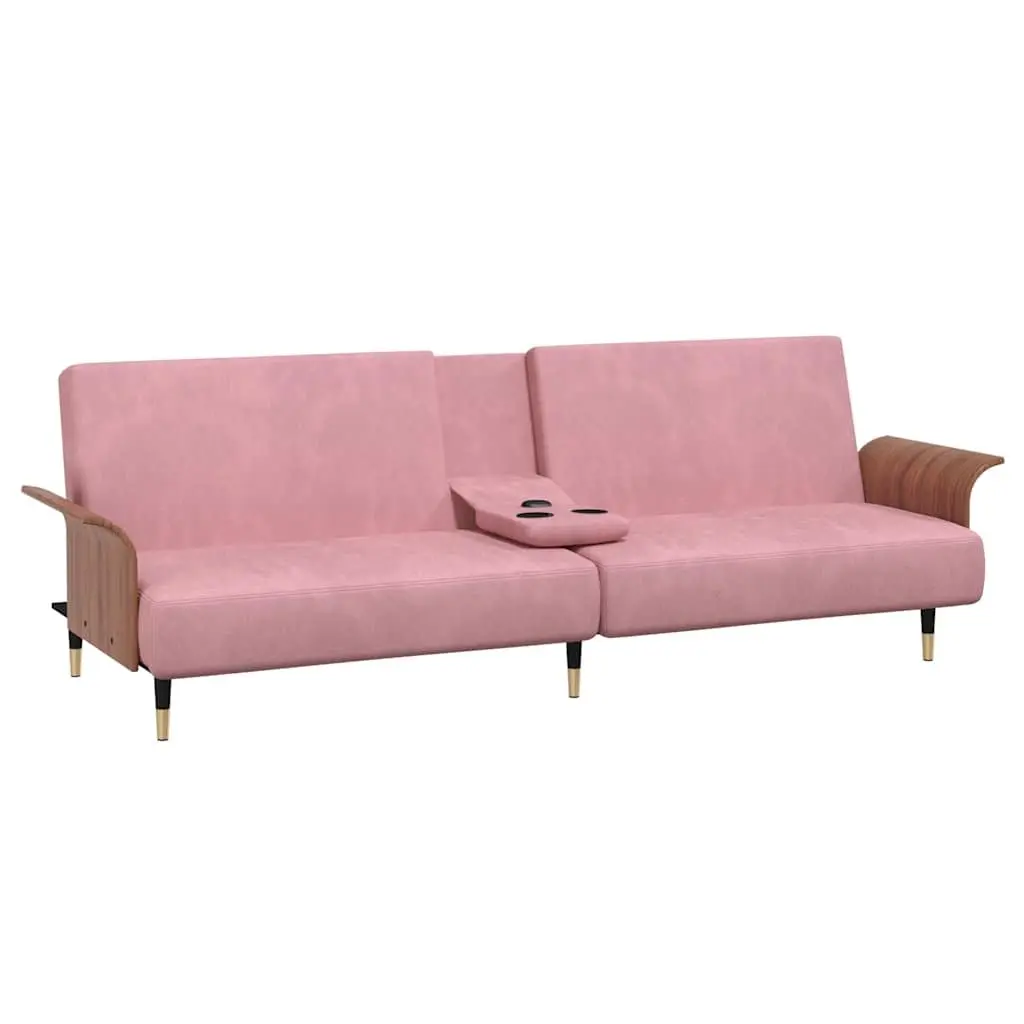 Sofa Bed Velvet Pink Foldable Tea Table Adjustable Backrest with Cup Holders