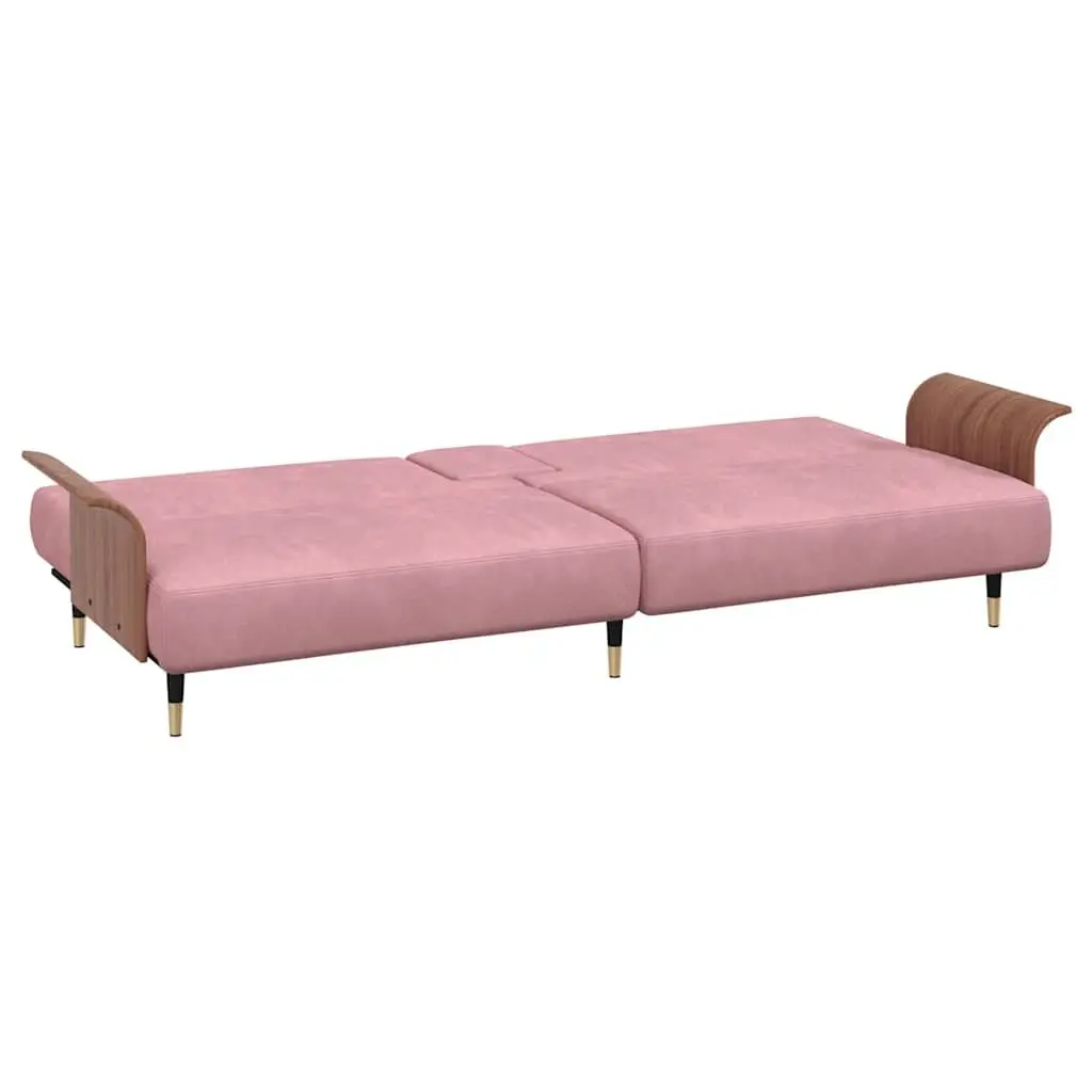 Sofa Bed Velvet Pink Foldable Tea Table Adjustable Backrest with Cup Holders