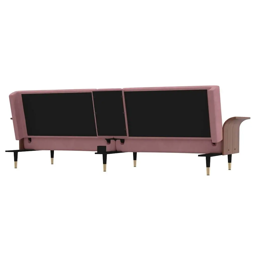 Sofa Bed Velvet Pink Foldable Tea Table Adjustable Backrest with Cup Holders