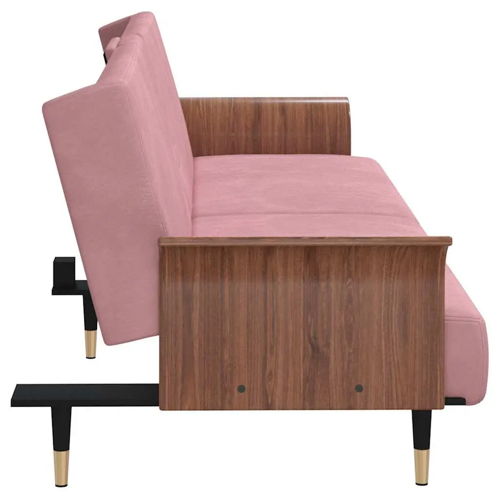 Sofa Bed Velvet Pink Foldable Tea Table Adjustable Backrest with Cup Holders