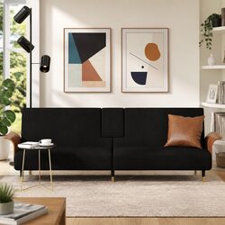 Comfortable Black Velvet Sofa Bed with Cup Holders