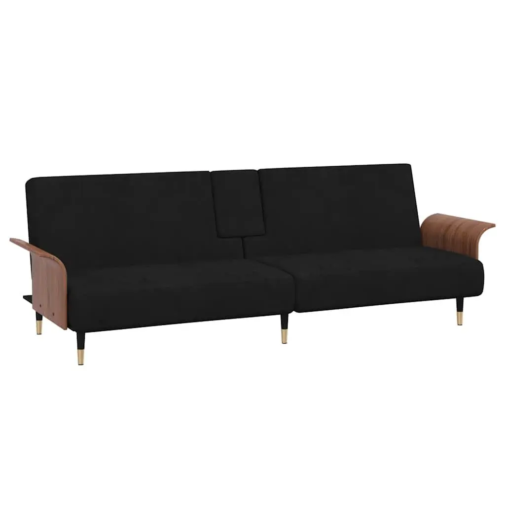 Sofa Bed Black Velvet Adjustable Backrest Foldable Tea Table