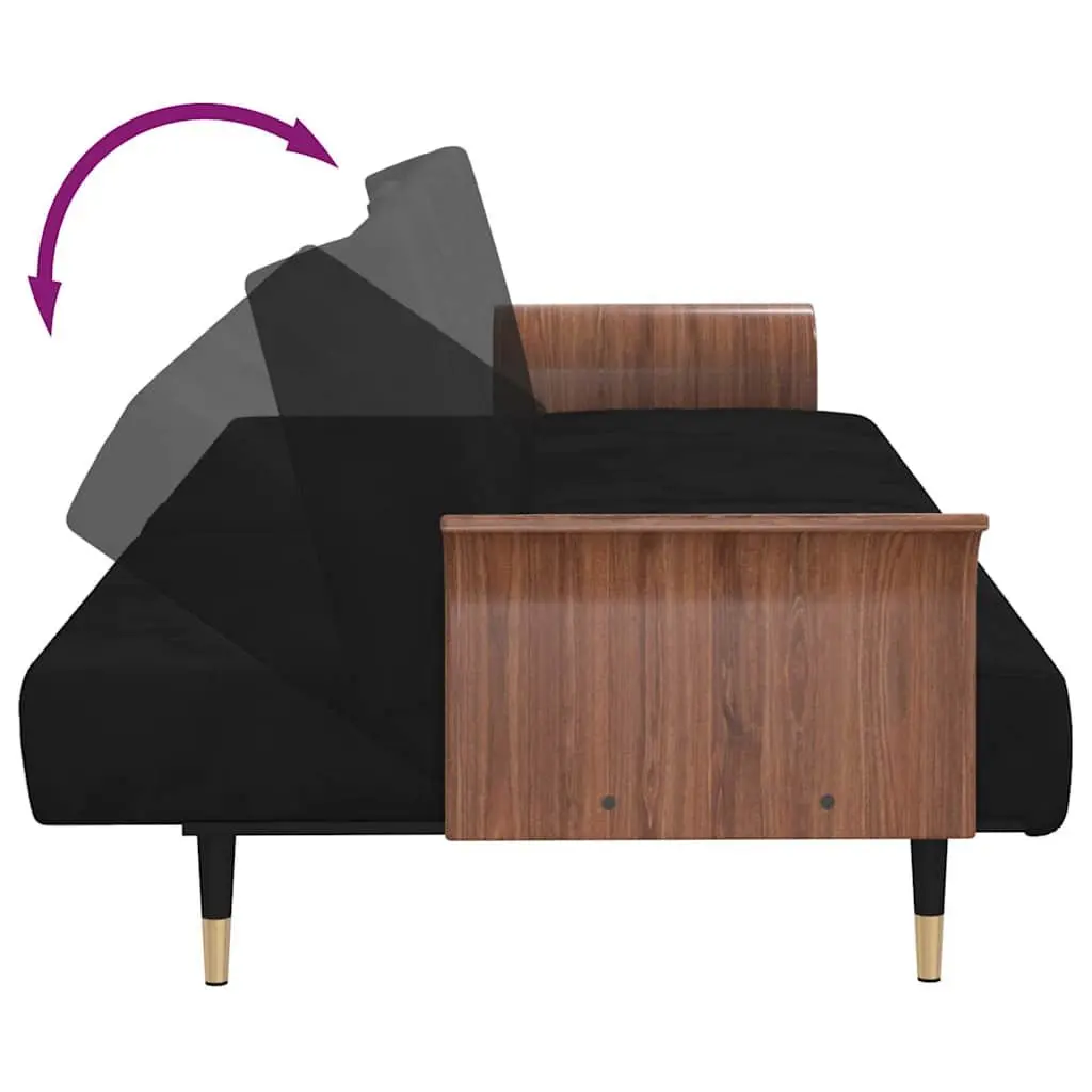 Sofa Bed Black Velvet Adjustable Backrest Foldable Tea Table