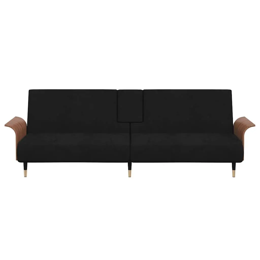 Sofa Bed Black Velvet Adjustable Backrest Foldable Tea Table