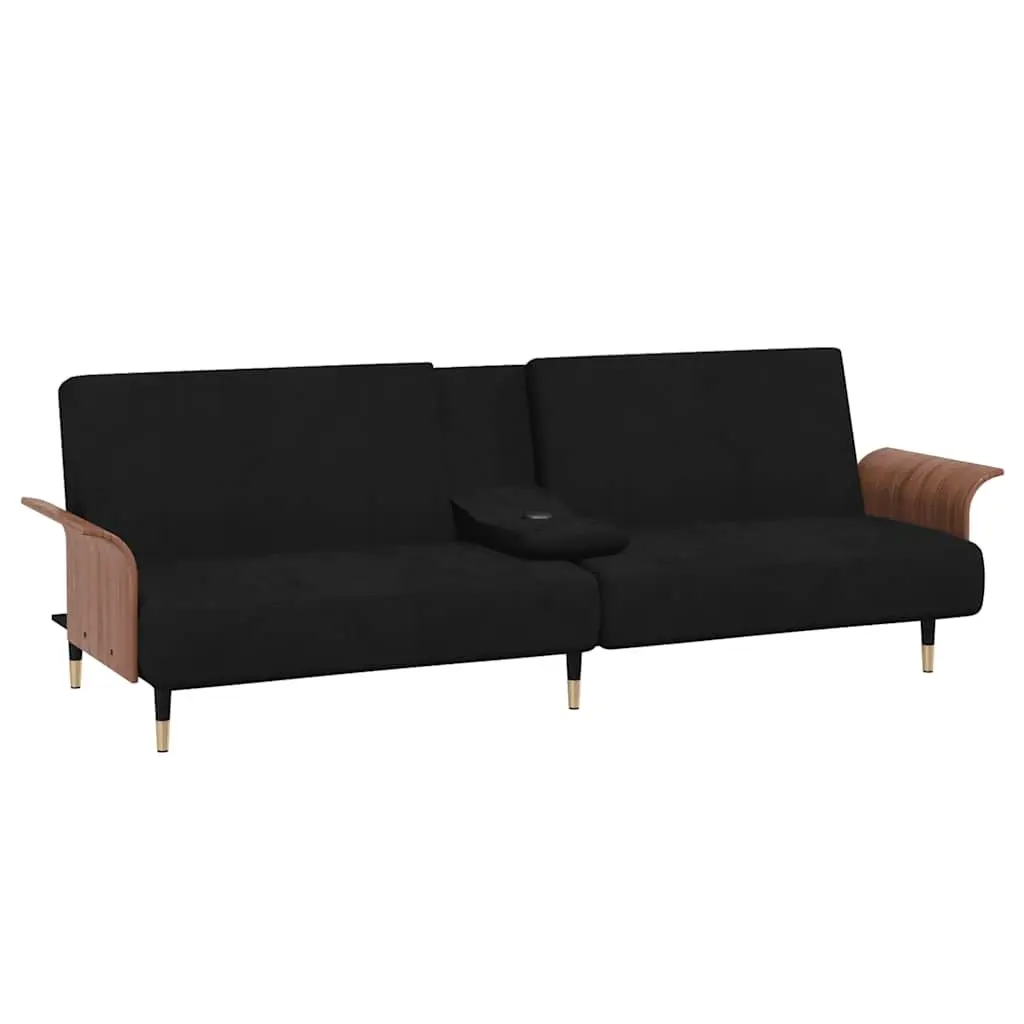 Sofa Bed Black Velvet Adjustable Backrest Foldable Tea Table