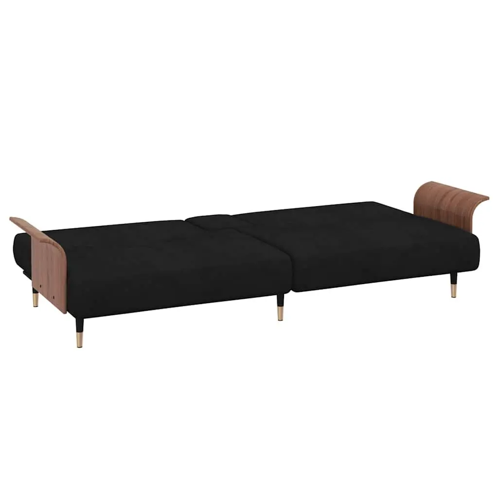 Sofa Bed Black Velvet Adjustable Backrest Foldable Tea Table