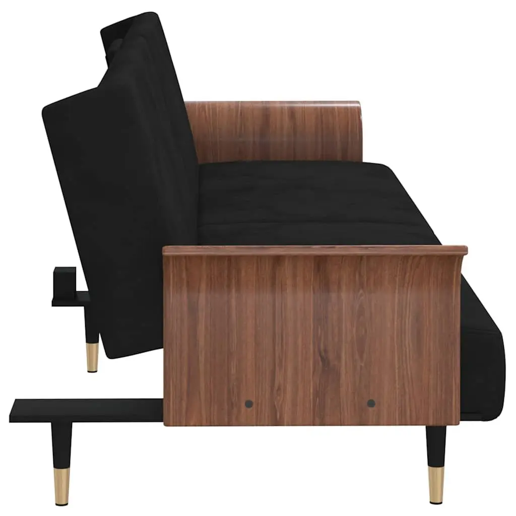 Sofa Bed Black Velvet Adjustable Backrest Foldable Tea Table