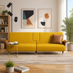 Yellow Velvet Sofa Bed with Adjustable Backrest and Cup Holders