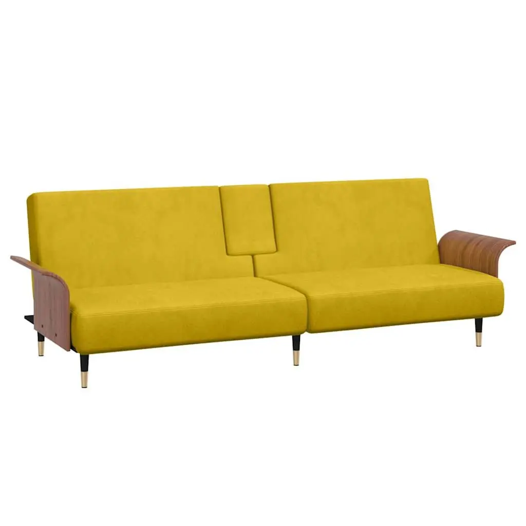 Sofa Bed Yellow Velvet Adjustable Backrest Foldable Tea Table with Cup Holders