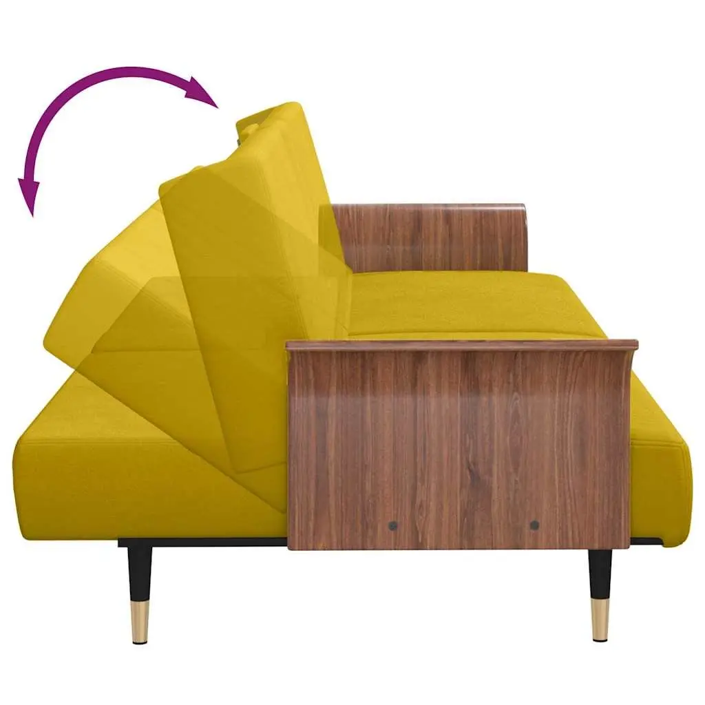 Sofa Bed Yellow Velvet Adjustable Backrest Foldable Tea Table with Cup Holders