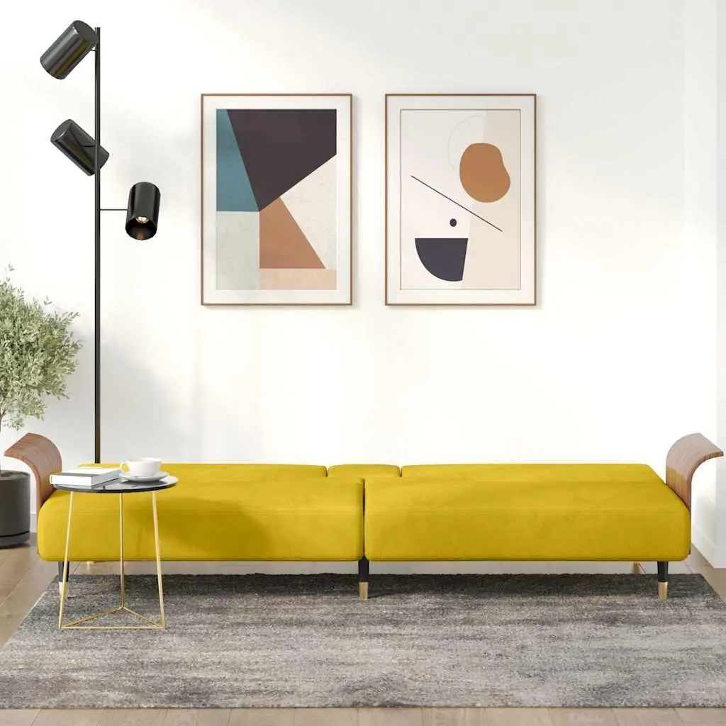 Sofa Bed Yellow Velvet Adjustable Backrest Foldable Tea Table with Cup Holders