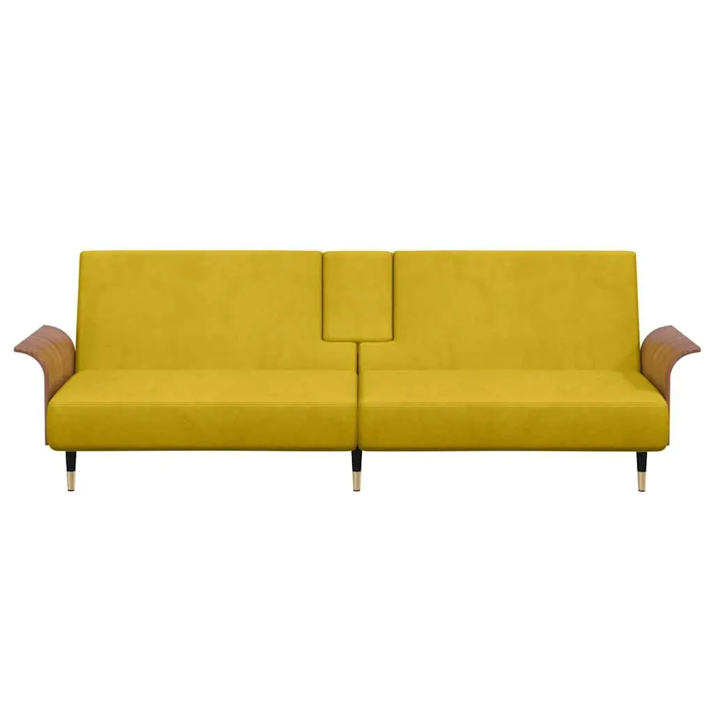 Sofa Bed Yellow Velvet Adjustable Backrest Foldable Tea Table with Cup Holders