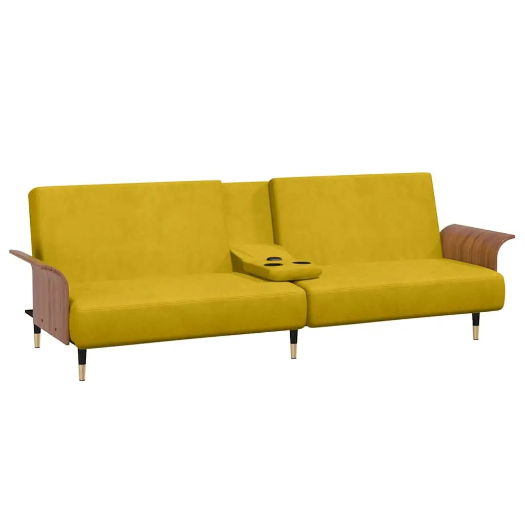 Sofa Bed Yellow Velvet Adjustable Backrest Foldable Tea Table with Cup Holders
