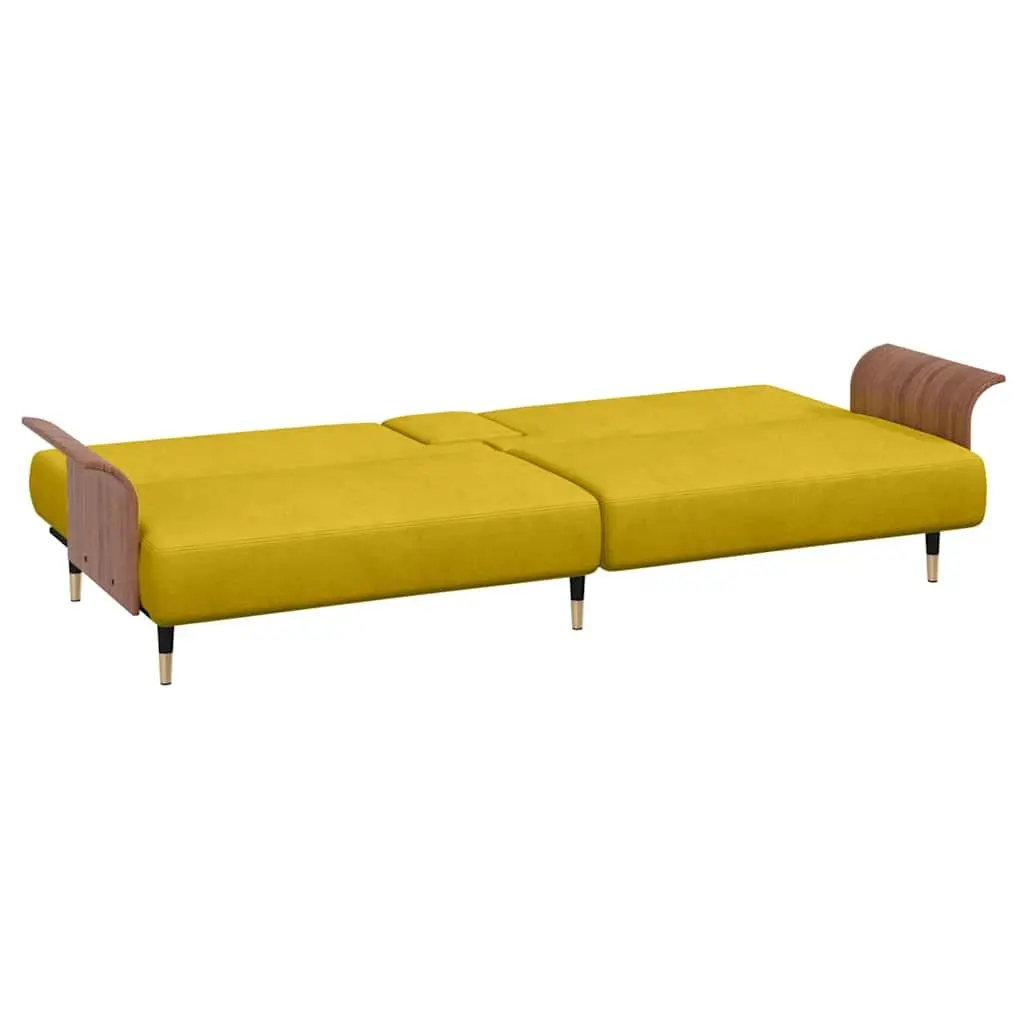 Sofa Bed Yellow Velvet Adjustable Backrest Foldable Tea Table with Cup Holders