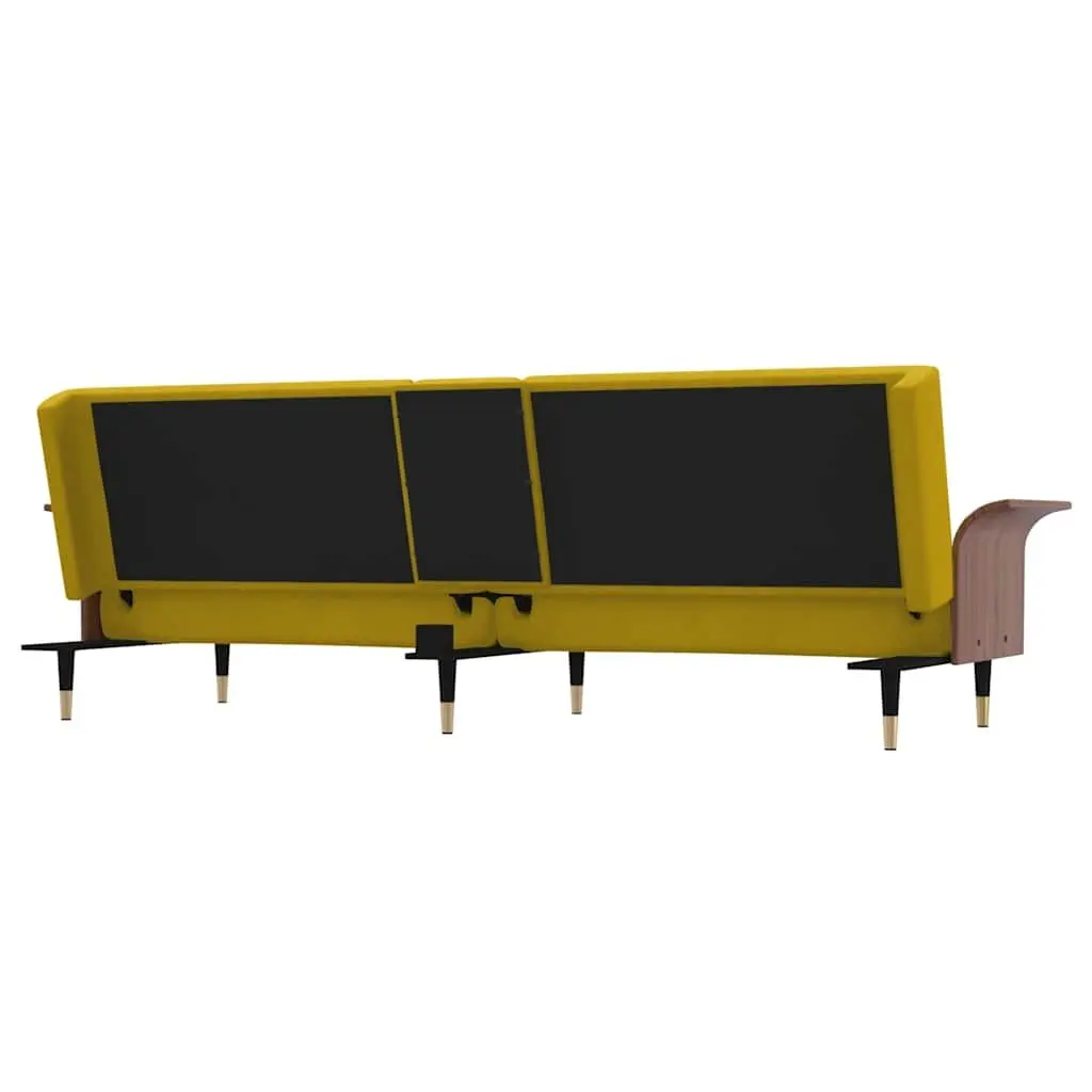 Sofa Bed Yellow Velvet Adjustable Backrest Foldable Tea Table with Cup Holders