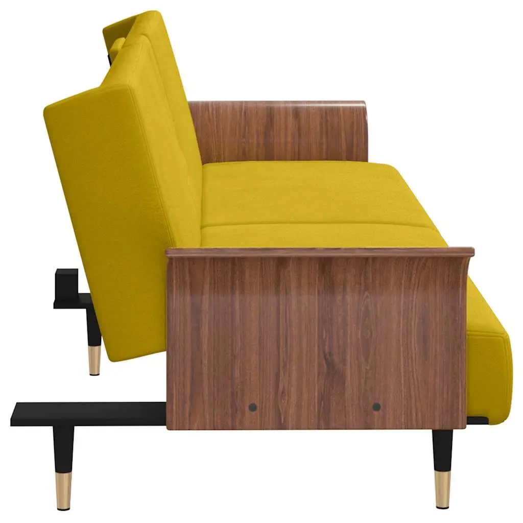 Sofa Bed Yellow Velvet Adjustable Backrest Foldable Tea Table with Cup Holders